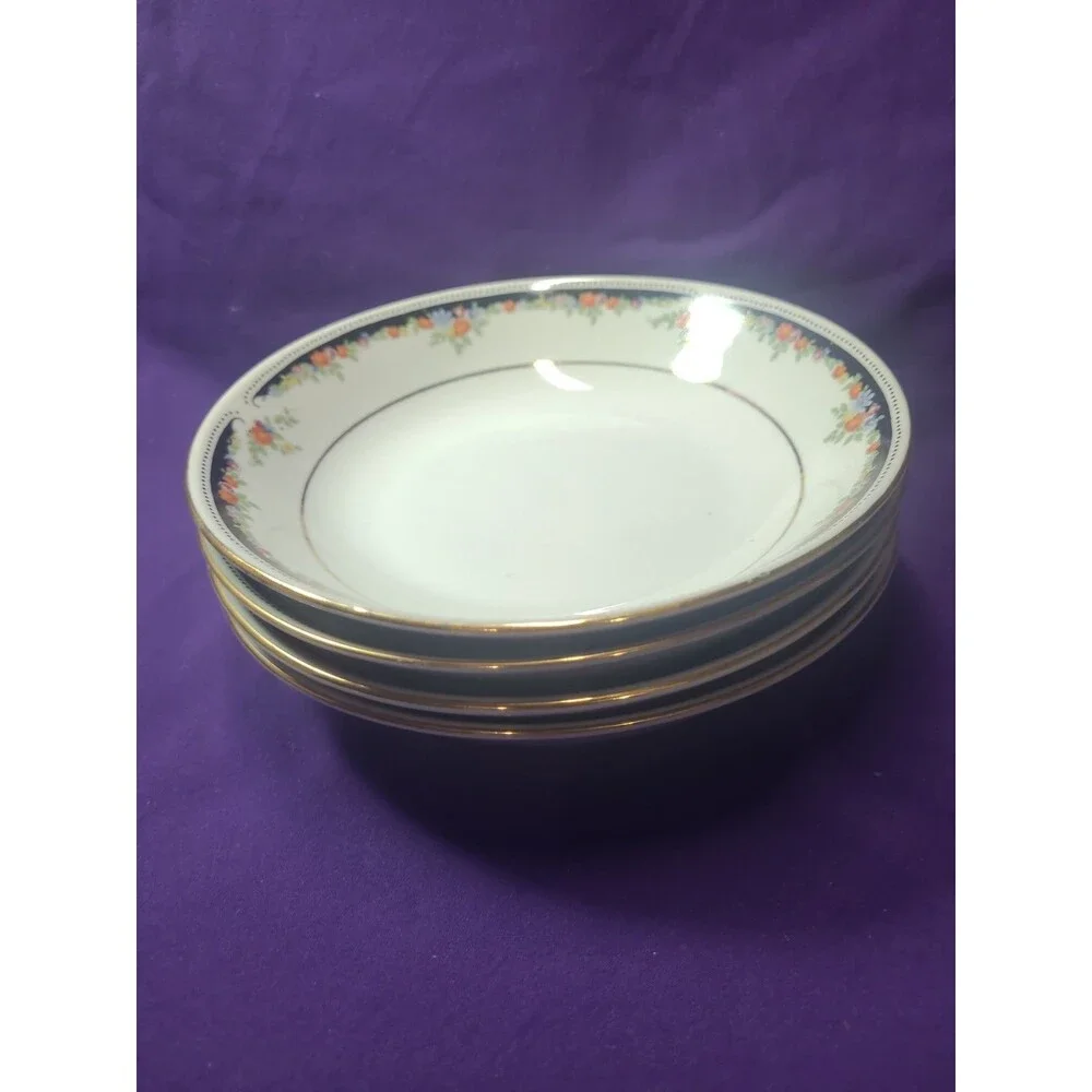 4 Lynns China Bennington Black Dots & Band, Flowers -7.5” SOUP/ PASTA BOWL Mint!